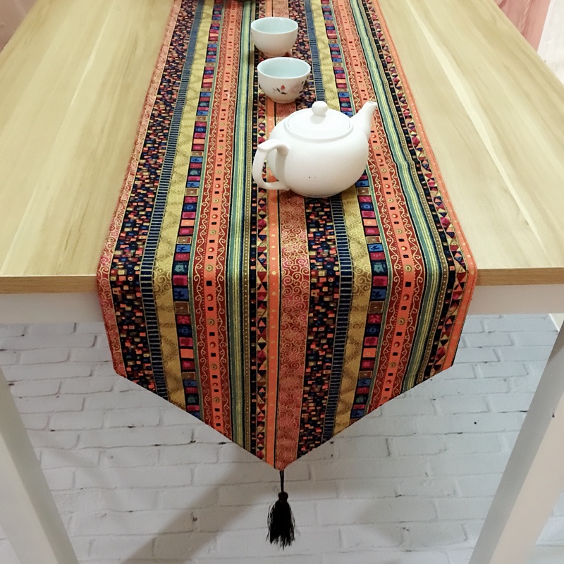 ۞Khăn Trải Bàn Ăn Vải Cotton Lanh In Họa Tiết Thổ Cẩm Kiểu Retro