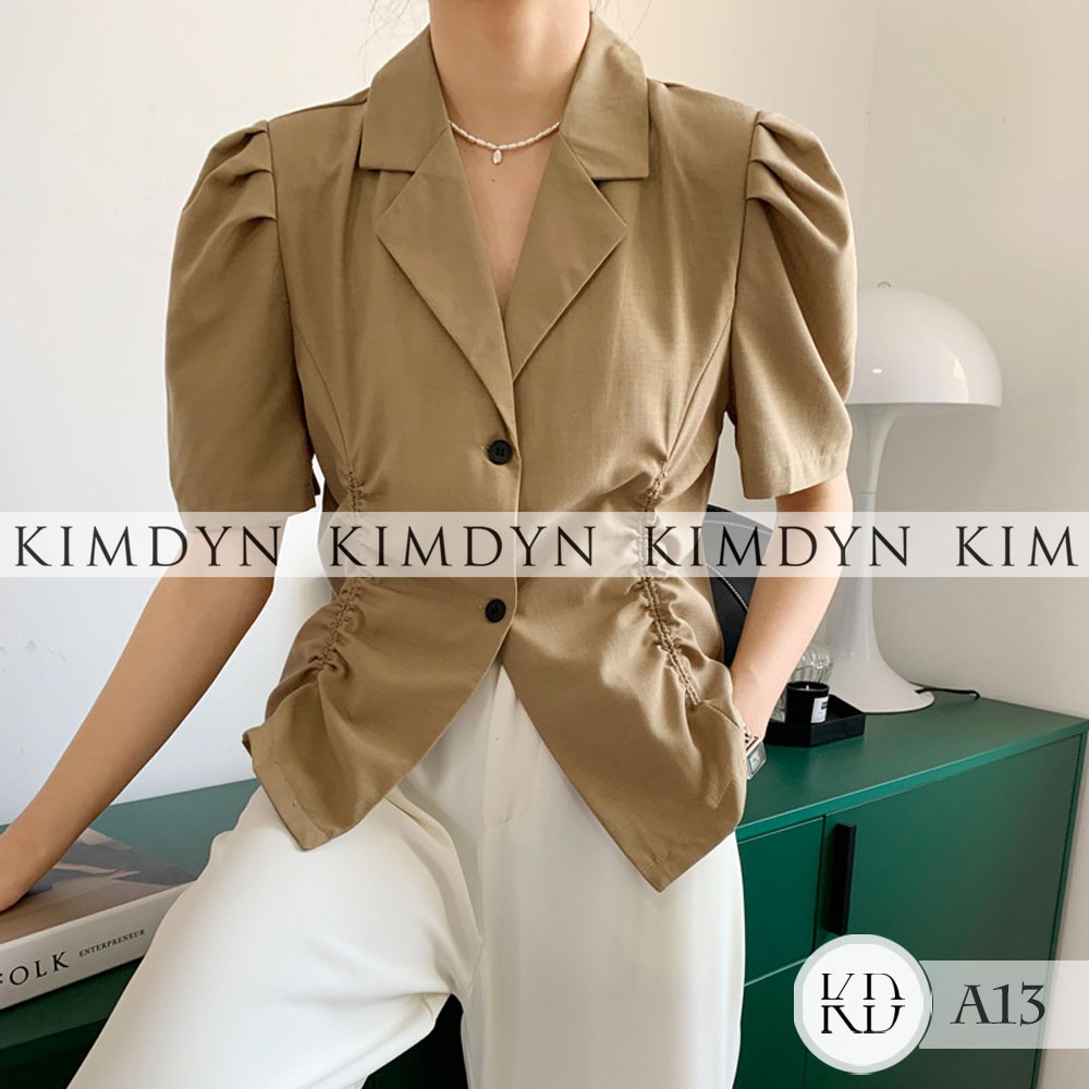 Áo kiểu cổ vest tay phồng rút dây có độn vai KimDyn [KDA13]