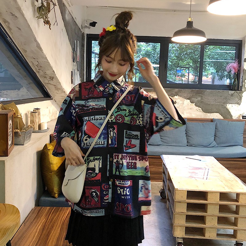 Áo sơ mi dáng rộng hoạ tiết in phong cách vintage Xiaozhainv | BigBuy360 - bigbuy360.vn