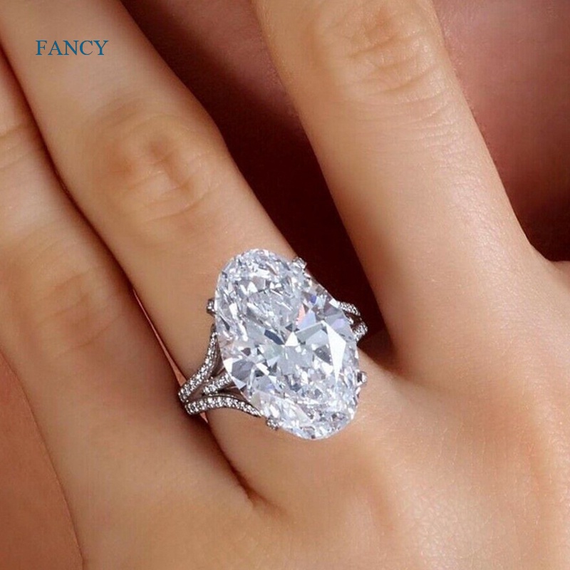 Nhẫn Đính Hôn Đính Đá Zircon Hình Oval Lớn Màu Bạc Thời Trang Dành Cho Nữ