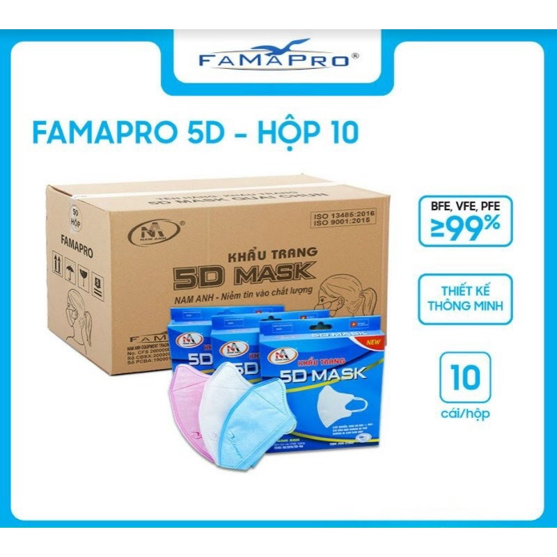 Combo 5hộp khẩu trang 5D mask quai thun, thương hiệu FAMAPRO, 1hộp 10cái.