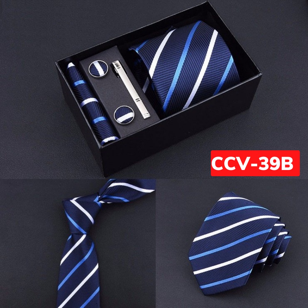 Bộ Cravat Nam 4 món gồm Cà vạt 8cm, khăn cài túi, kẹp cà vạt, măng-set đóng hộp quà tặng sang trọng