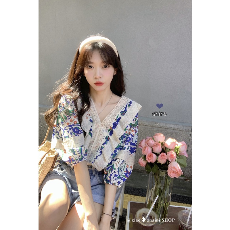 Áo Sơ Mi Tay Ngắn Cổ Chữ v Họa Tiết Hoa Thời Trang Mùa Hè Phong Cách Pháp