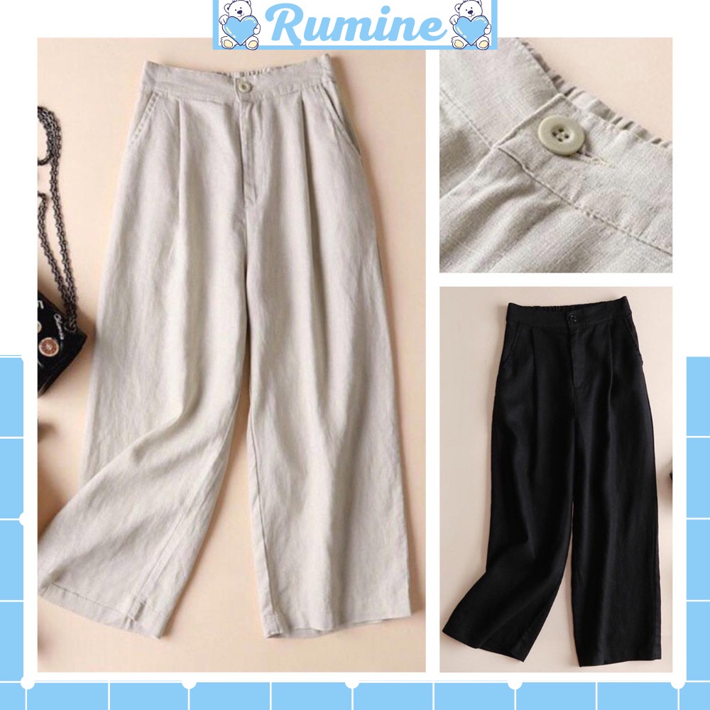 Quần đũi Nhật, ống rộng, dài RUMINE - Quần culottes đũi dáng dài ống rộng siêu Hot dáng suông - cạp chun khoá siêu mát