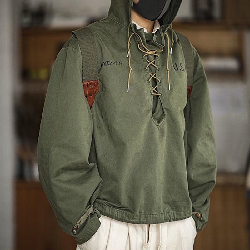 Áo Khoác Nam Tay Dài Có Mũ Trùm Đầu 100% Cotton Màu Xanh Quân Đội Size