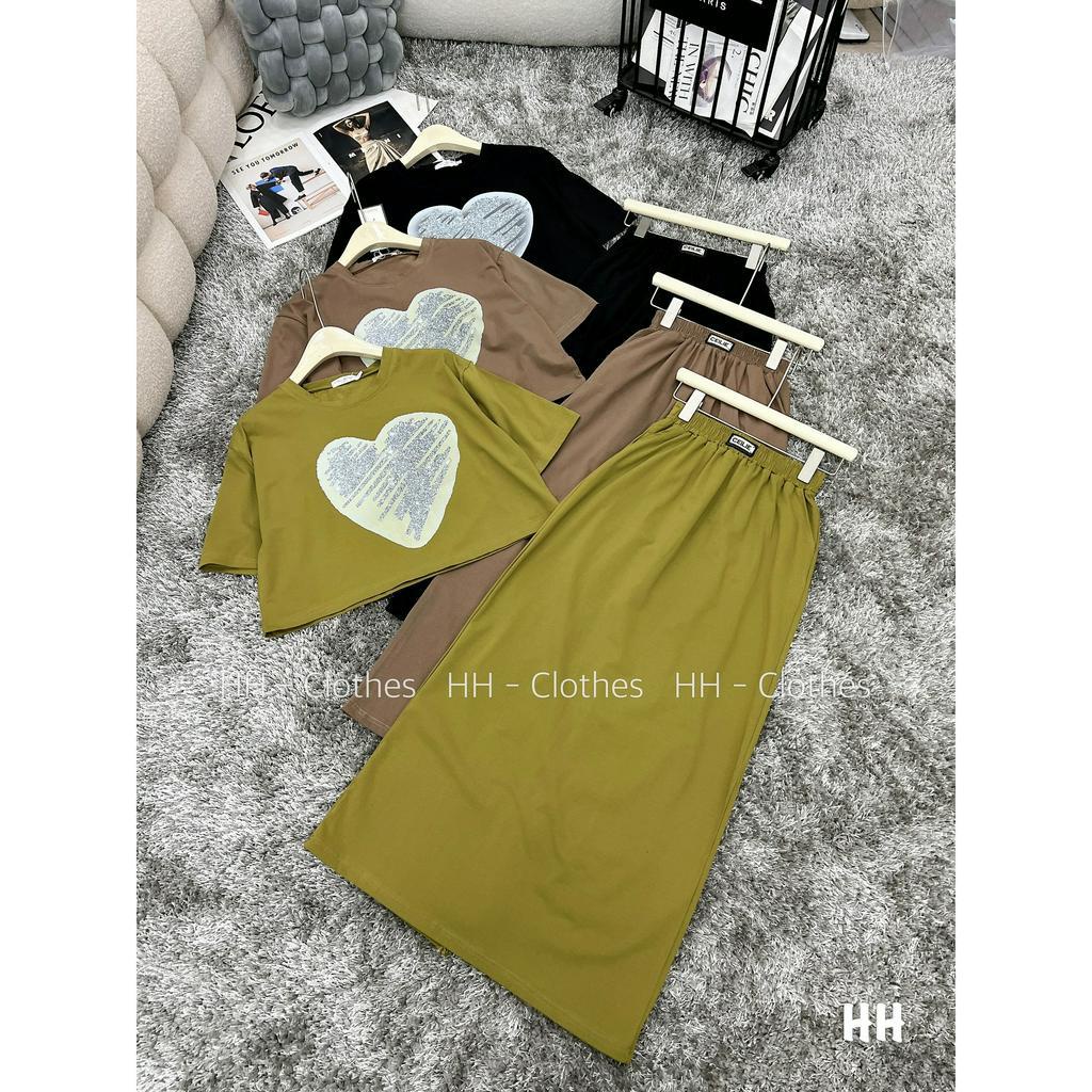 Set Bộ Đồ Nữ Áo Phông crt Trái Tim Tím Mix Chân váy Suông cotton Freeship