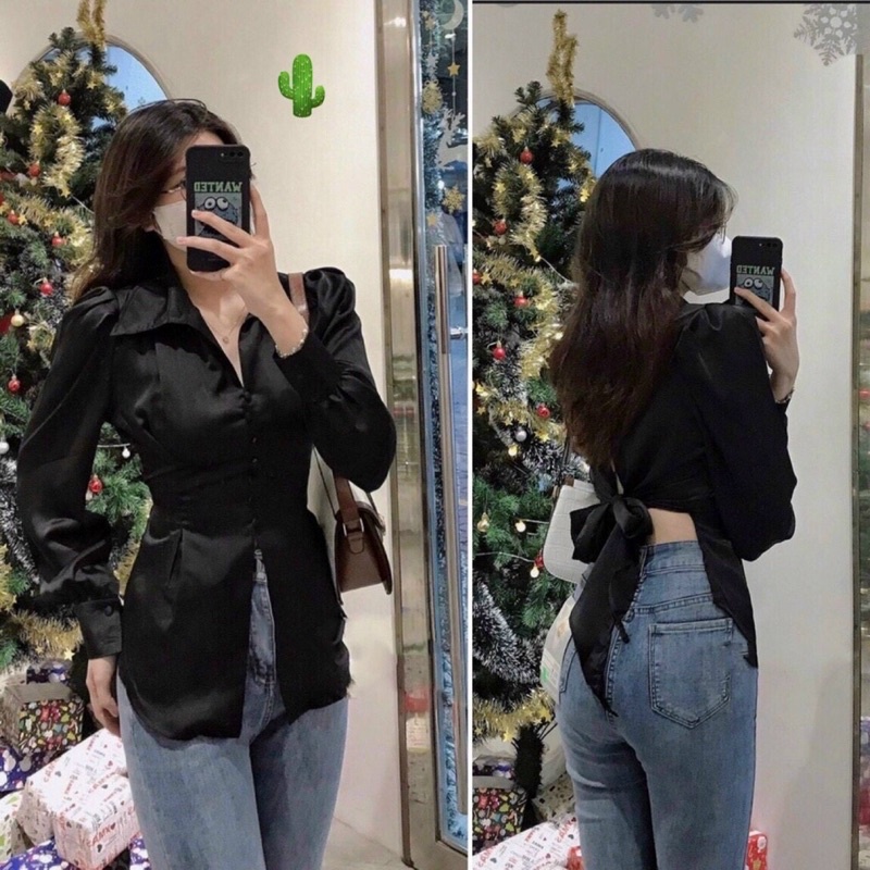 Áo sơmi phi lụa nút bọc NHIỀU MÀU cách điệu phối nơ lưng hot lắm ạ PC