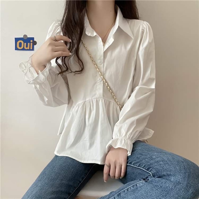 Áo sơ mi dáng babydoll dài tay cổ polo màu đen, trắng