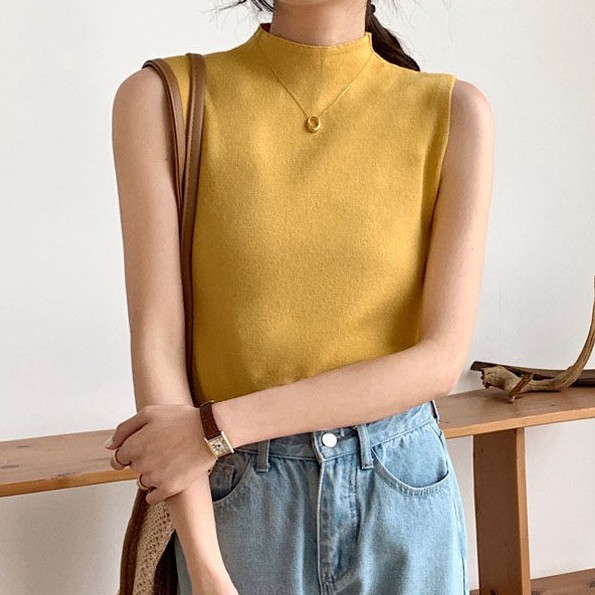 Áo Nữ Dệt Kim Không Tay Cổ Cao Thời Trang