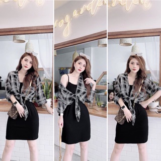 S739 Set Áo Sơ Mi Thụng Buọc Nơ Cá Tính Mix Váy 2 Dây cottom co dãn 4c