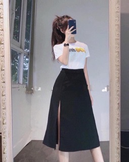 [Hình thật] Chân váy midi xẻ tà màu đen