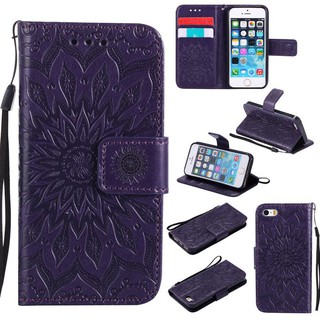 For iphone 5 5S SE Purple Sunflower High Quality Leather Flip Wallet Stand Case Cover