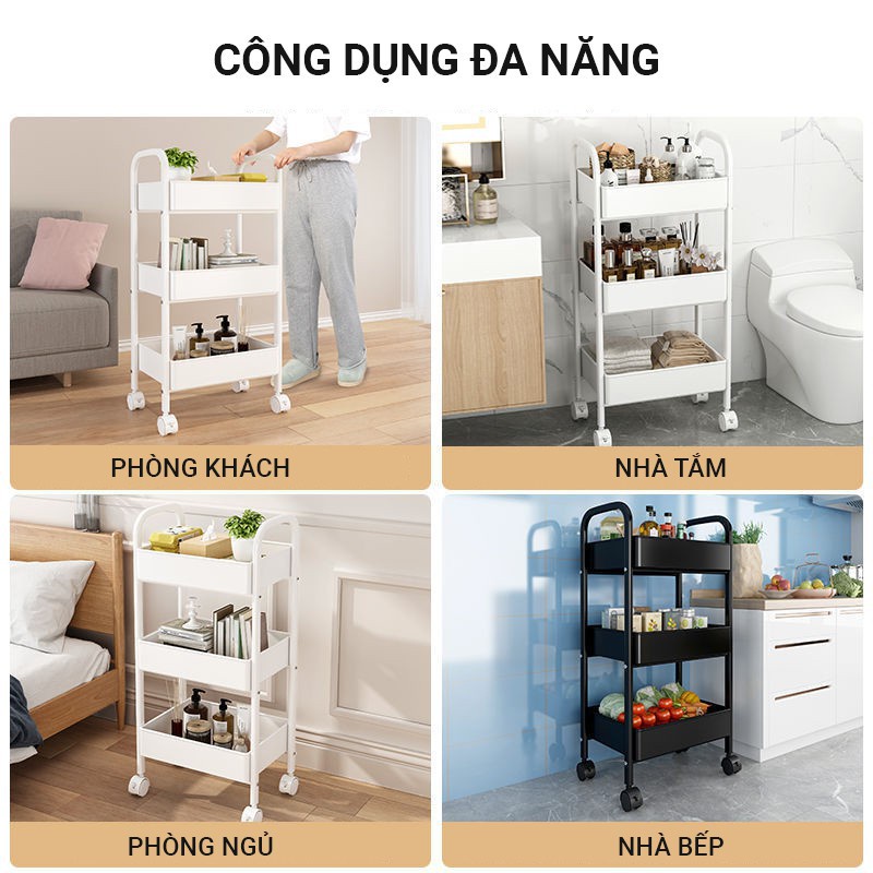 Kệ Đa Năng 3 Tầng Để Đồ Nâng Cấp Bằng Sắt, MB Home ( Nhập Khẩu) , Kệ xe đẩy Sa Tay Cầm Kiểu Mới (NC25)