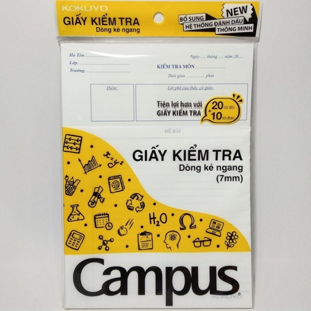 Giấy Kiểm Tra Campus B5 ĐL70gsm TP-BM70G-30 Không Chấm (1 Túi /20 Tờ Đôi và 10 Tờ Đơn) - Vỏ Màu Vàng