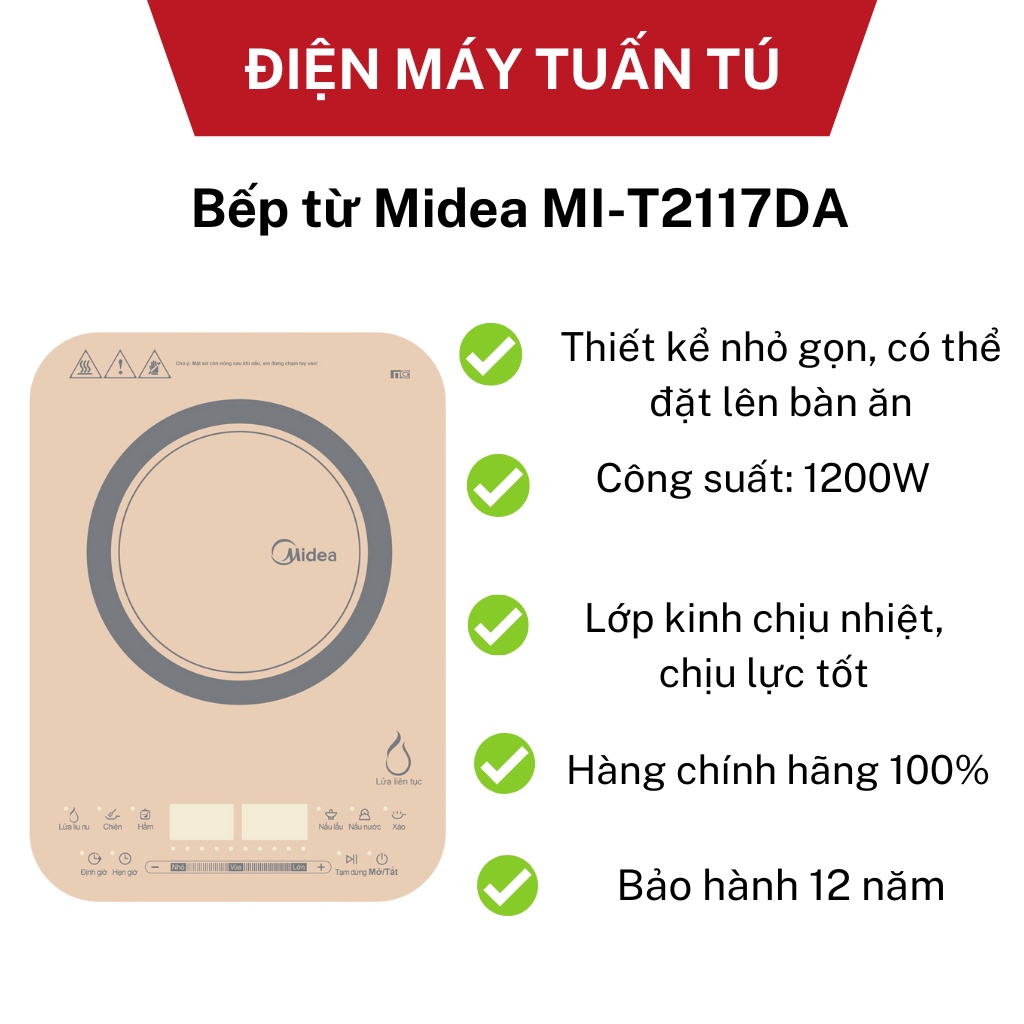 Bếp từ Midea MI-T2117DA 2100W mặt cảm ứng chịu lực tốt