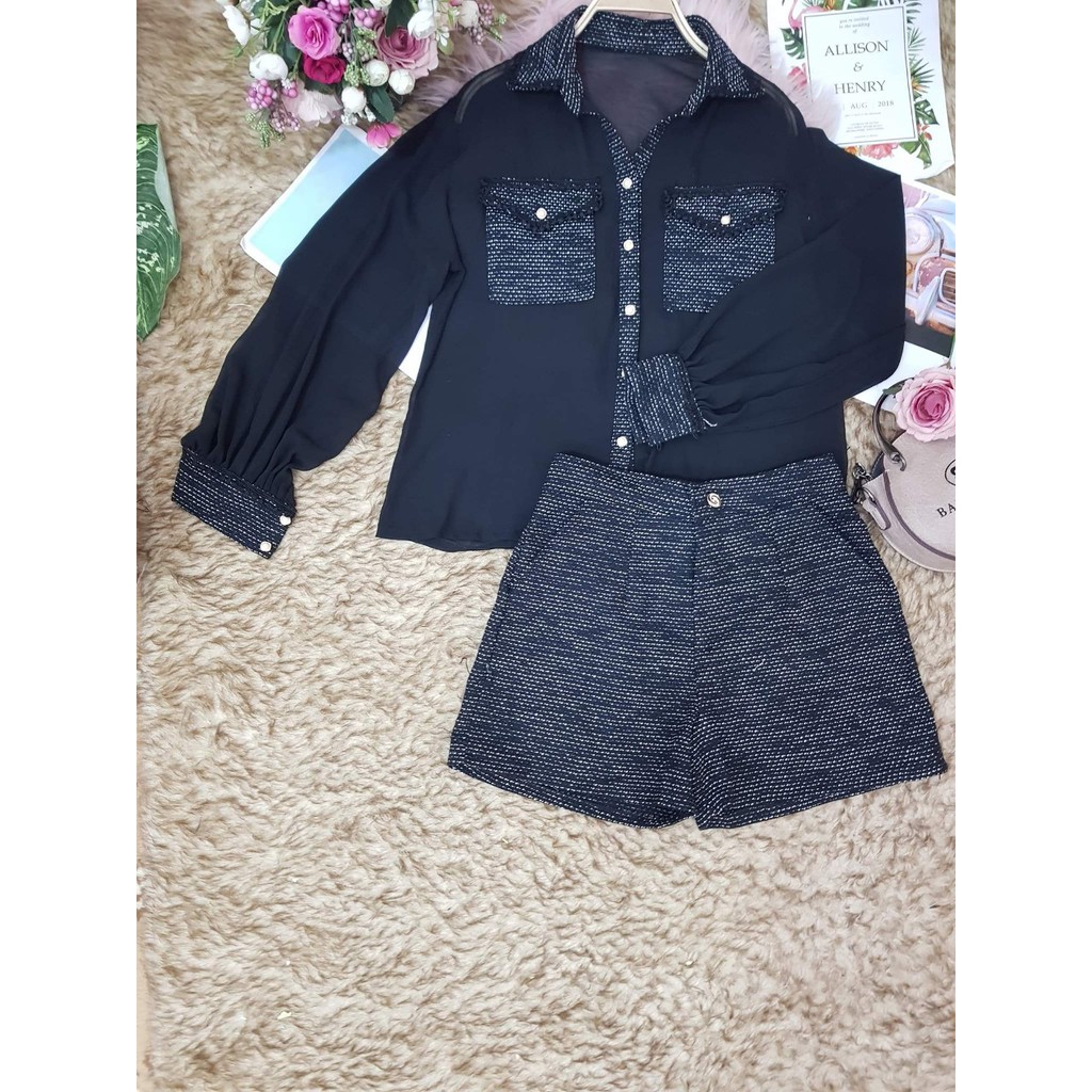 Sét bộ áo sơ mi kim tuyến kết hợp quần short cực chất - MM.B465