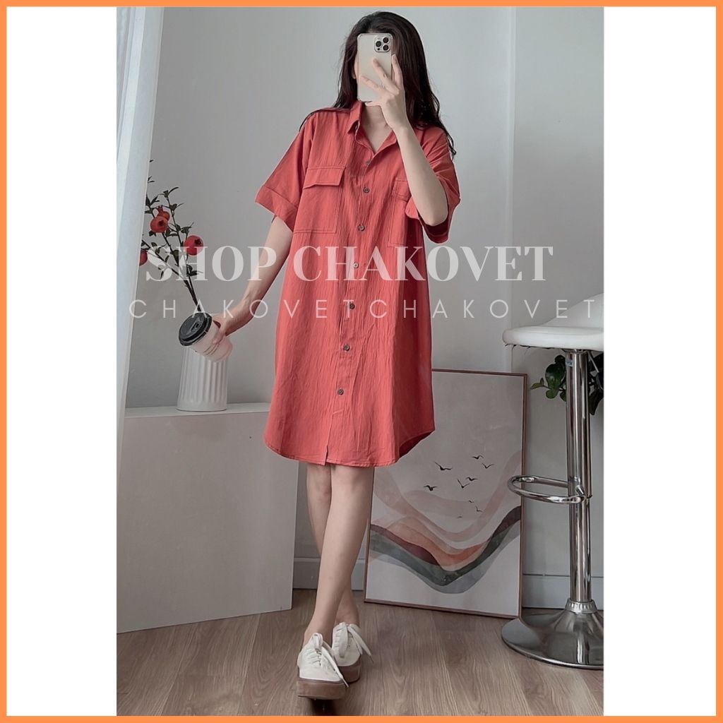 Váy sơ mi nữ dáng ulzzang cộc tay 2 túi V.8292 kiểu đầm vintage dáng suông trơn cúc gỗ viền chỉ nổi cực xinh đẹp