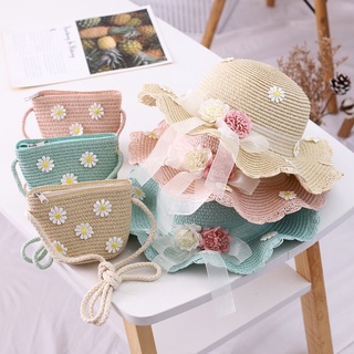 Set mũ nón và túi cói cho bé gái đi biển mùa hè từ 3-8 tuổi đi biển, túi hình hoa cúc hoa mi, vành nón tai bèo dễ thương