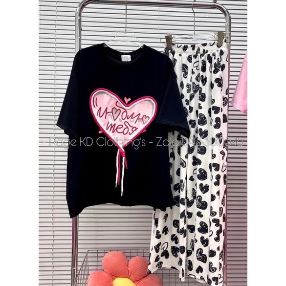 Set áo trái tim phối dây nơ quần suông gân A5