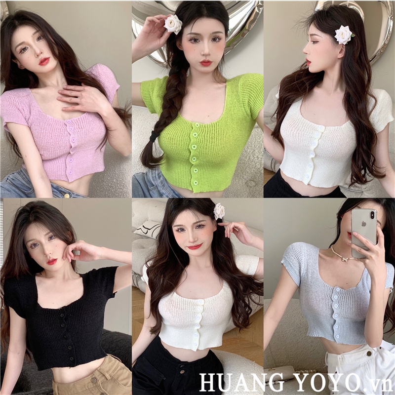 HUANG YOYO Áo Thun Dệt Kim Tay Ngắn Cổ Vuông Màu Kẹo Ngọt Thời Trang Phong Cách Hàn Quốc Cho Nữ