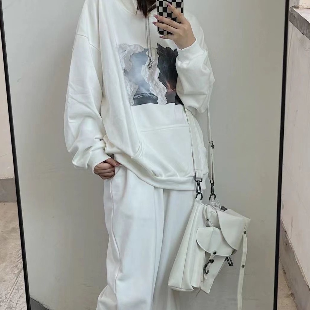 SUXI Áo Hoodie Thể Thao Tay Dài Dáng Rộng In Họa Tiết Thời Trang Xuân Thu Cho Nữ