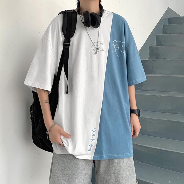 Áo Thun Ngắn Tay Dáng Rộng Phối Màu Tương Phản Thời Trang Hàn Quốc Cho Nam