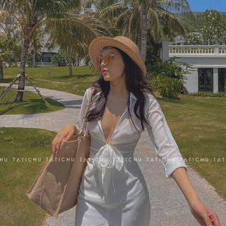 Tropicana Shirt Dress- Đầm sơ mi cổ xẻ V cột nơ, đầm linen đi biển, mùa hè