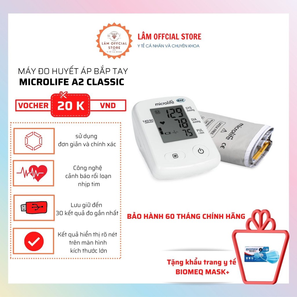 Máy đo huyết áp, máy đo huyết áp điện tử bắp tay MICROLIFE A2 CLassic cảnh báo rối loạn nhịp tim PAD bảo hành 60 tháng