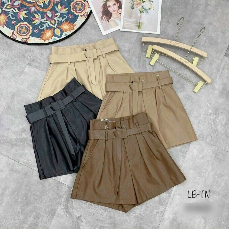 Quần sóc da pu mềm cạp cao kèm bet