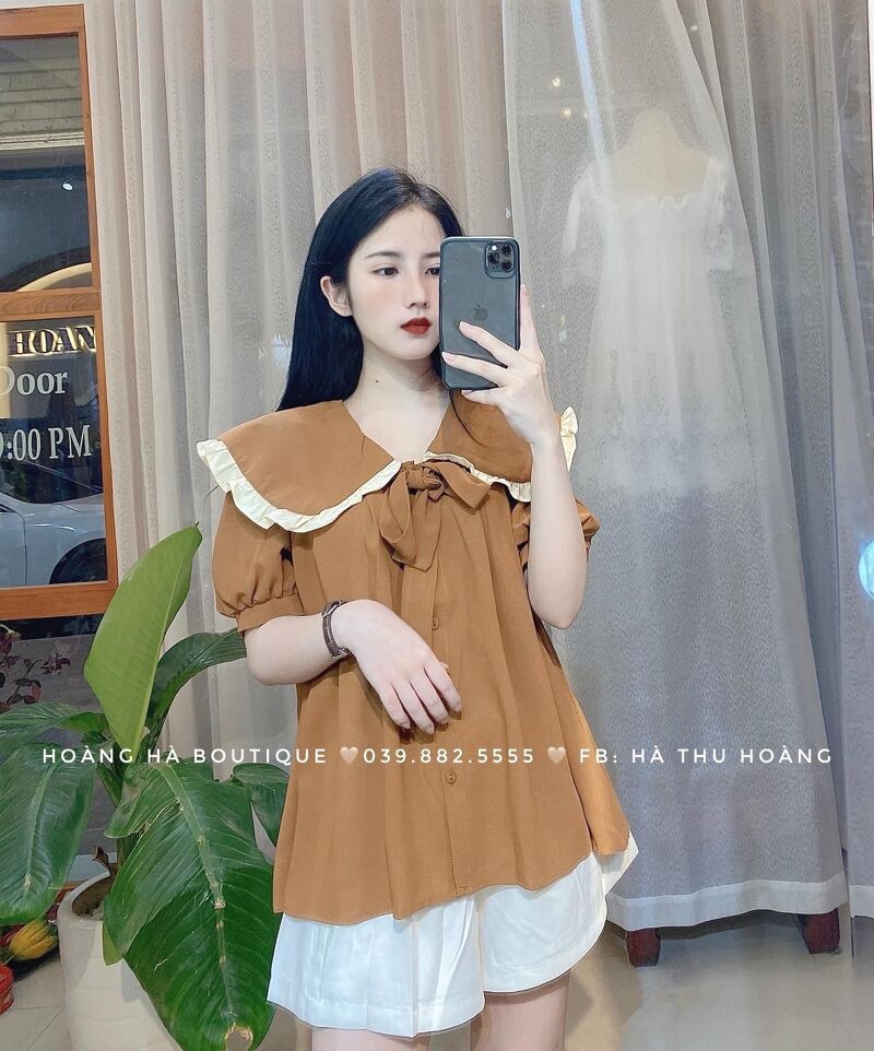 Áo sơ mi cổ bèo riềm bo tay nơ xinh