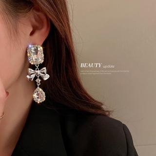 Bông tai giọt nước mạ bạc 925 đính nơ dễ thương sang trọng