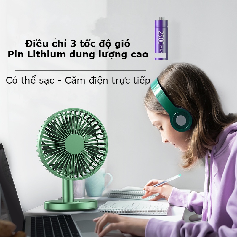 Quạt Mini để Bàn Tích điện Thích Hợp Cho Dân Văn Phòng, Quạt Siêu Mát, Kiểu Dáng Siêu Gọn, Chạy êm Pin Dung Lượng Cao