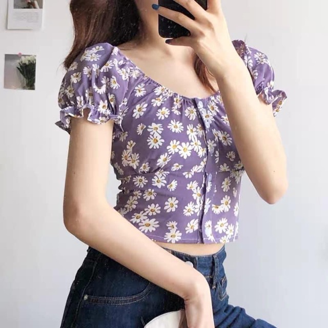 Áo Croptop Caro Cổ Vuông Tay Bồng