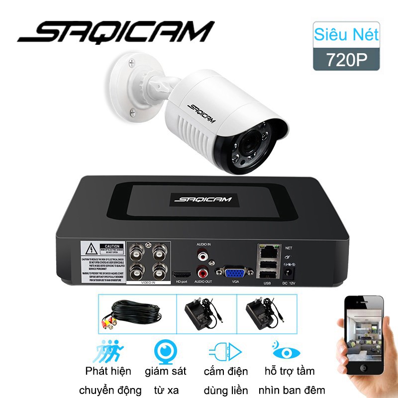 Bộ Camera giám sát Saqicam KIT AHD Full HD 720P Trọn bộ 4 mắt 1MP 20 MÉT dây liền nguồn chống nước xem đêm