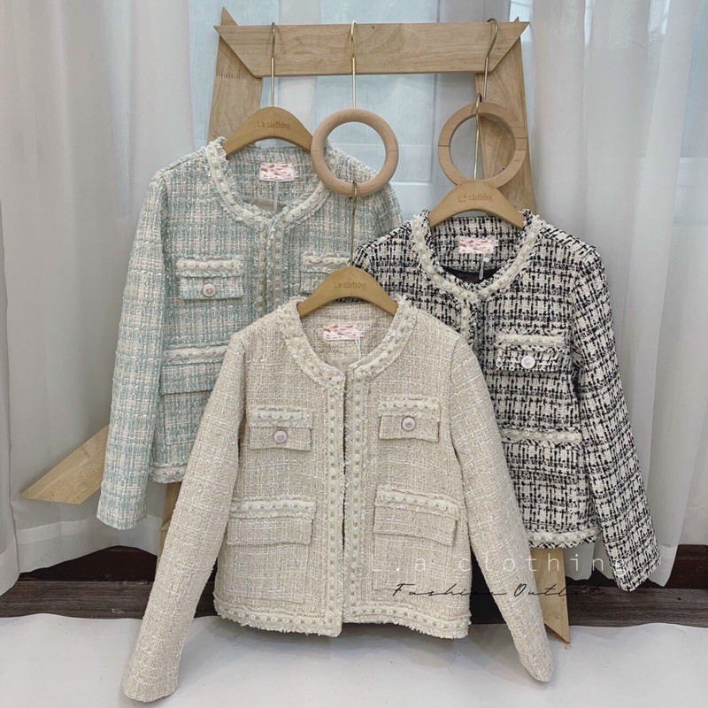 Áo khoác dạ tweed viền ngọc 6815 hàng QC chuẩn SDD