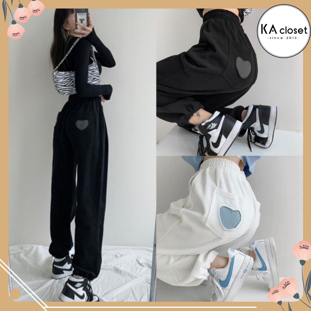 🆕 Quần jogger tim KA Closet có 2 màu Đen Trắng chất umi đanh mịn không xù dầy, tim đẹp, chun ống from rộng