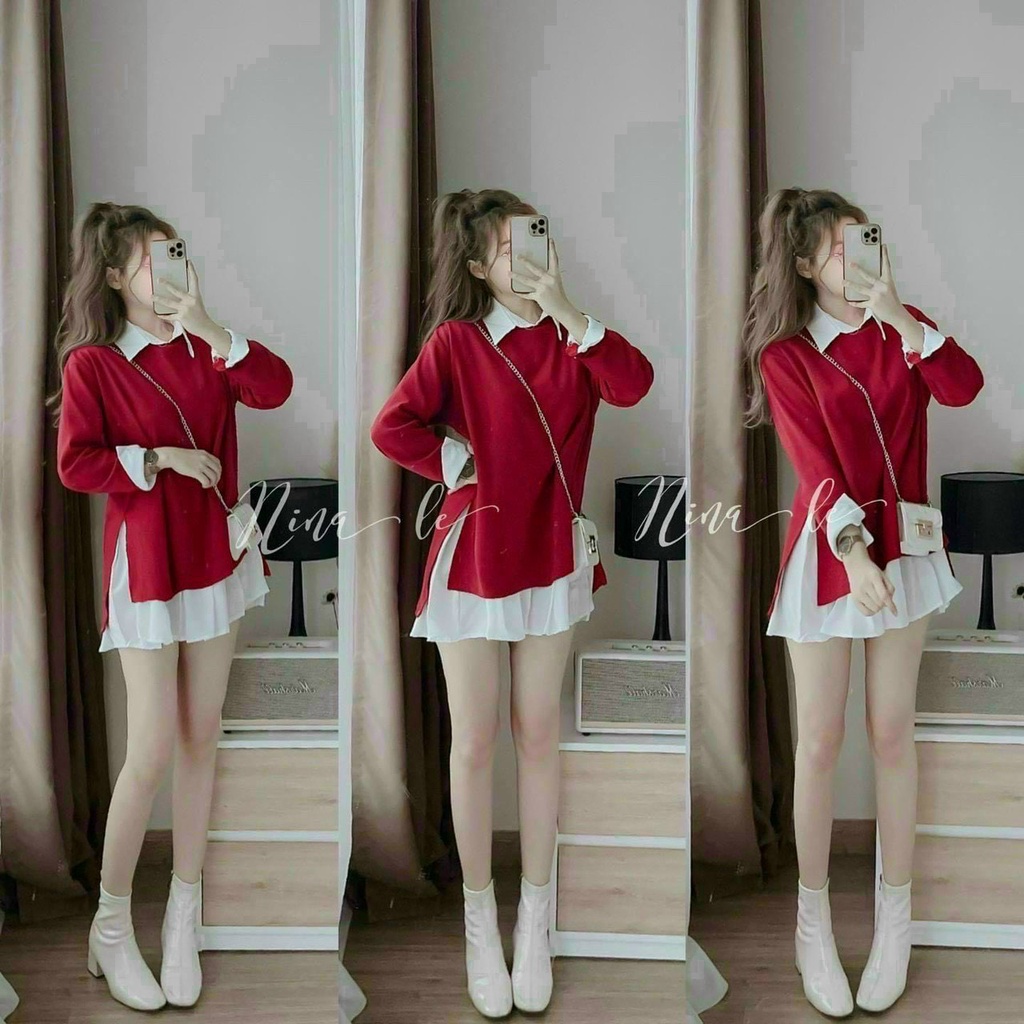 Sét đầm sơ mi trắng phối áo from rộng xẻ tà thời trang