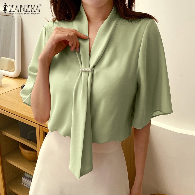Zanzea Áo Sơ Mi Nữ Tay Ngắn Cổ Chữ V Thời Trang Thanh Lịch
