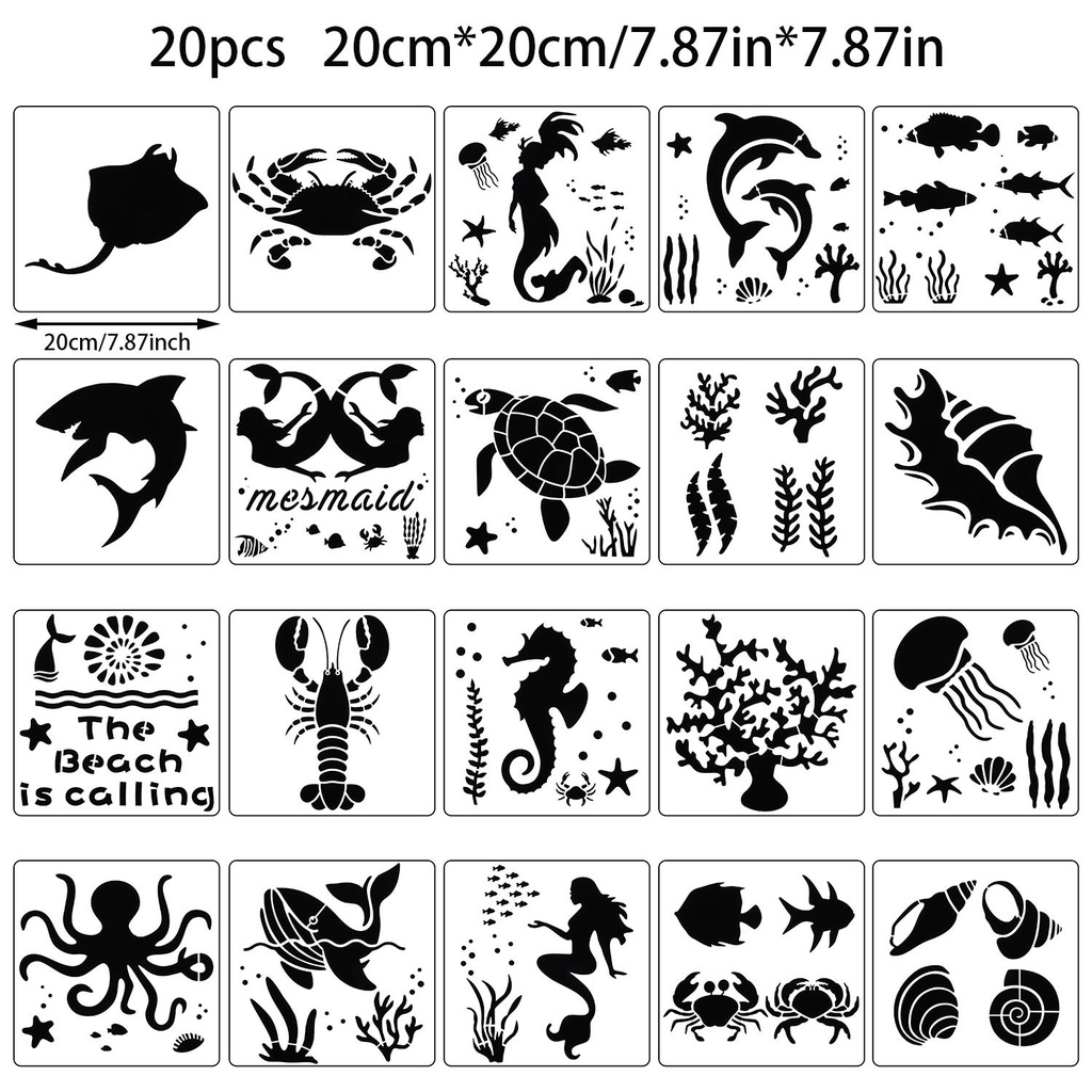 Set 16 / 20 Khuôn Vẽ Hình Sinh Vật Biển / Cá Ngựa / Sứa Bằng Gỗ DIY