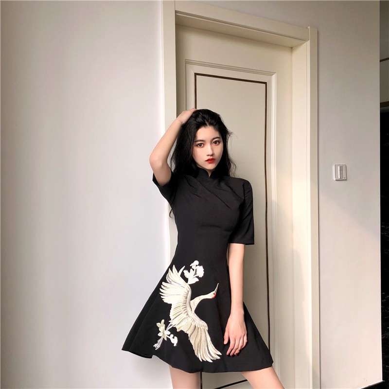 [Mã WA23150 giảm 20K đơn 150K] ĐẦM ULZZANG SƯỜN XÁM THÊU CON HẠT KIỀU TRUNG HOA