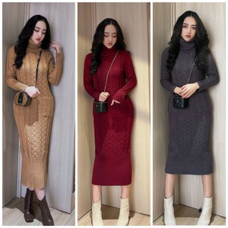 (TOP BÁN CHẠY)Váy len thừng body cổ lọ dài tay có túi /váy len thừng dày cổ lọ túi hai bên (ảnh thật)