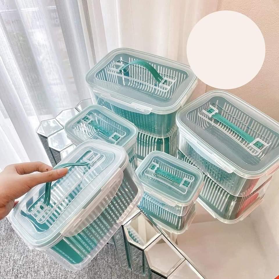 Hộp đựng đồ thực phẩm bảo quản tủ lạnh Set 5 bộ chậu kèm rổ tách nước có nắp đậy dung tích lớn 15 chi tiết