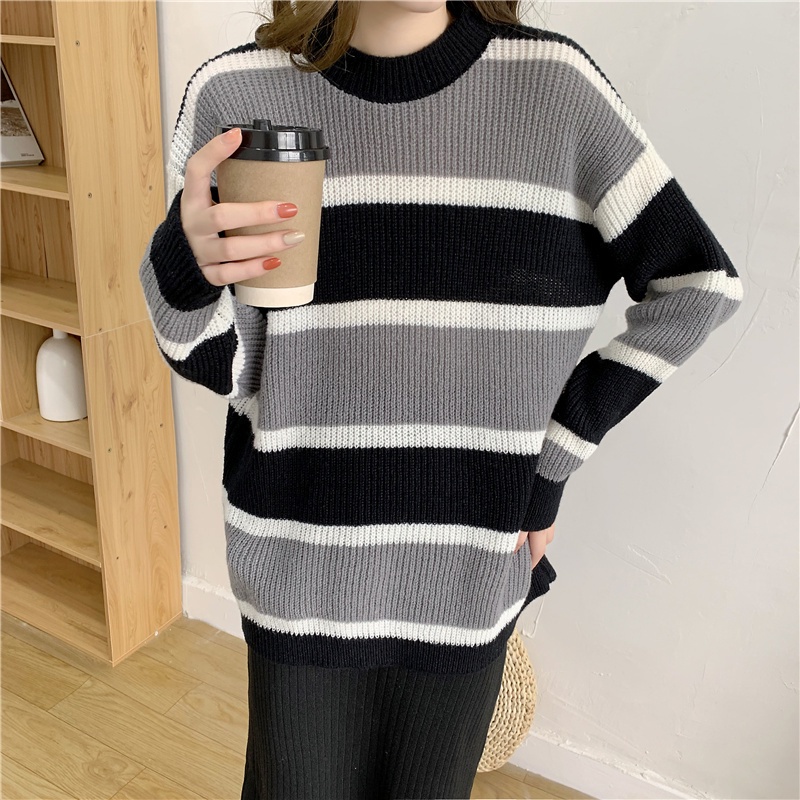 Áo sweater tay dài cổ tròn thiết kế thời trang sọc kiểu Hàn Quốc cho nữ