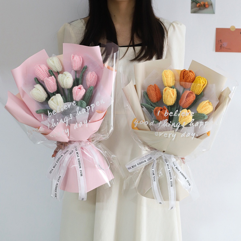 Bó Hoa Tulip Đan Len Thủ Công Lãng Mạn Dùng Làm Quà Tặng Valentine
