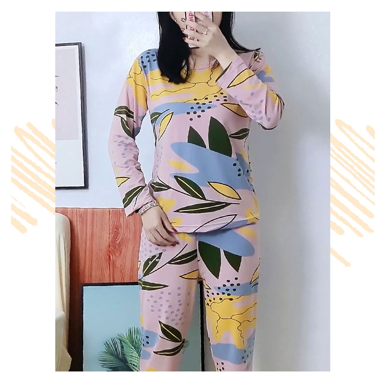 xiaohan korea spring autumn loose nightwear round neck long sleeve sleepwear set cute print women Large size baju tidur | BigBuy360 - bigbuy360.vn