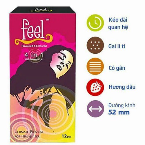 [SALE SỐC][CHÍNH HÃNG 100%] Bộ 3 Hộp Bao cao su Feel 4in1 Gân Gai Lằn Thắt - Kéo Dài Thời Gian Quan Hệ - Hương Dâu tây