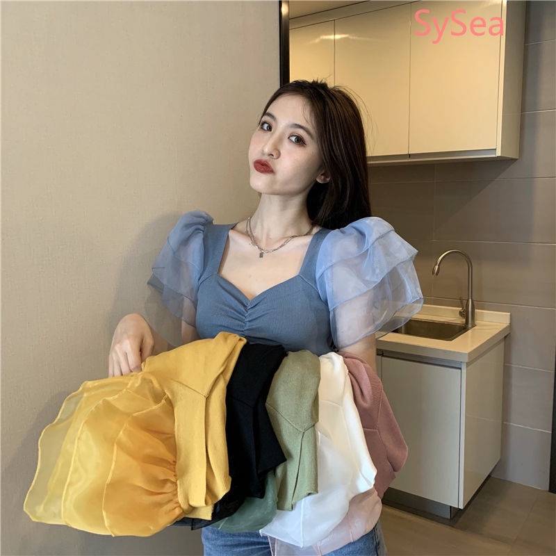 Áo croptop dệt kim tay ngắn cổ chữ V phối lưới phong cách mùa hè năng động dành cho nữ