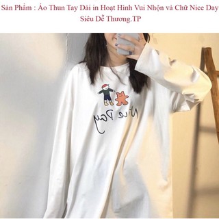Áo Thun Tay Dài in Hoạt Hình Vui Nhộn và Chữ Nice Day Siêu Dễ Thương