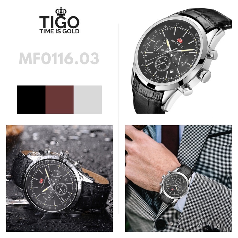 Đồng hồ nam MINI FOCUS MF0116G.03 dây da thật màu đen viền thép không gỉ màu bạc 3 kim hàng chính hãng cao cấp Nhật Bản