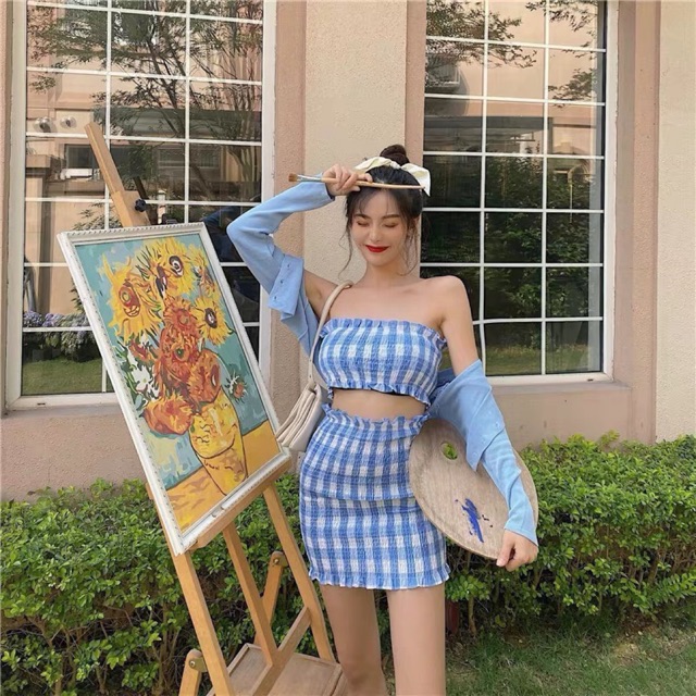 [Mã 2611THTRANG100K hoàn 10% xu đơn 99K] SET ĐẦM CARO KHOÉT EO KÈM KHOÁC XANH